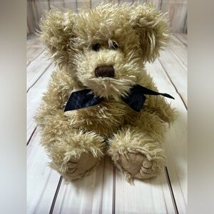 Vintage Boyd’s Bear. Fluffy Cream Plush Bear w/ Navy Bow.